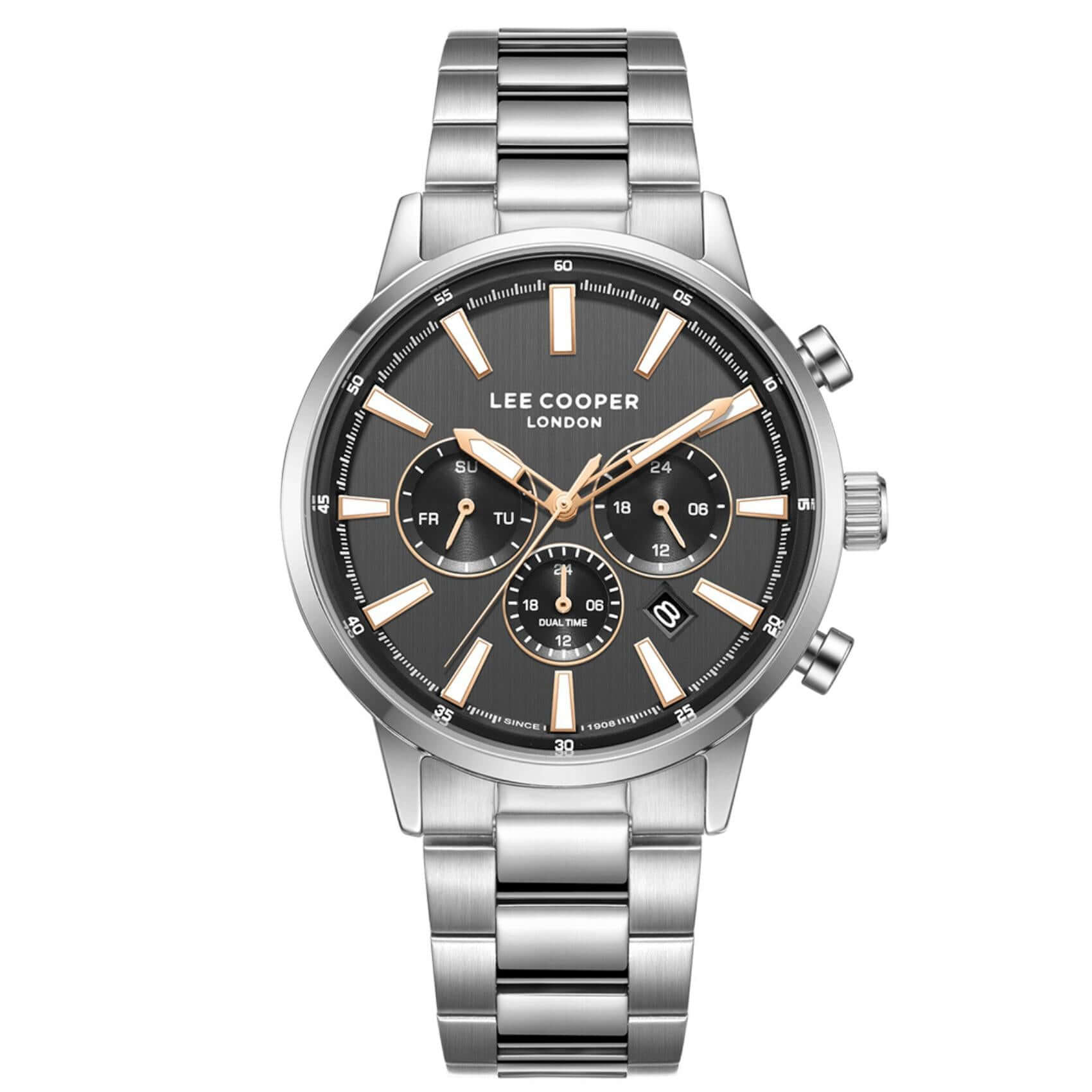 Ανδρικό ρολόι Lee Cooper Gents Multi LC08382.350 με ασημί ατσάλινο μπρασελέ, μαύρο καντράν και κάσα 42 mm.