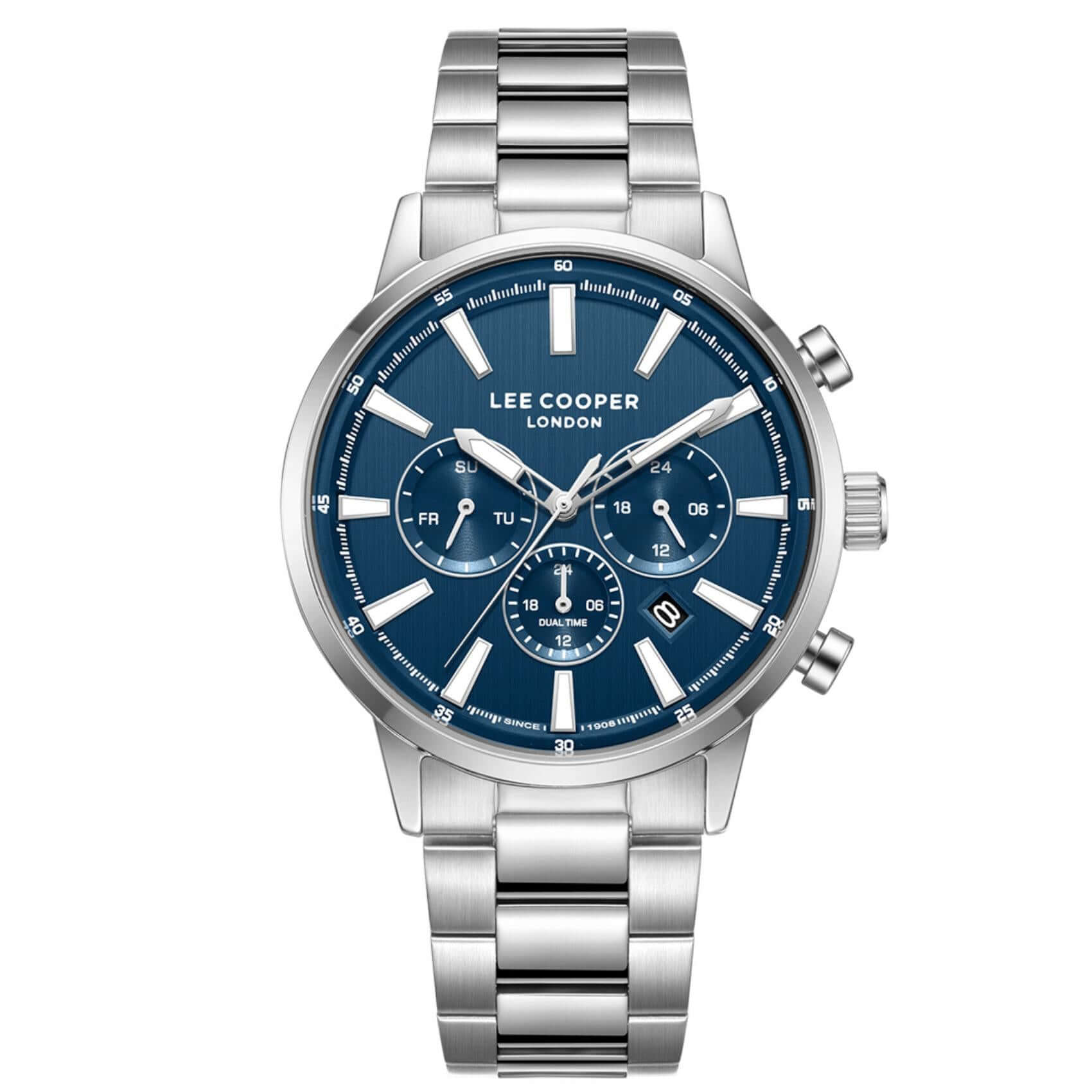 Ανδρικό ρολόι Lee Cooper Gents Multi LC08382.390 με ασημί ατσάλινο μπρασελέ, μπλε καντράν και κάσα 42 mm.