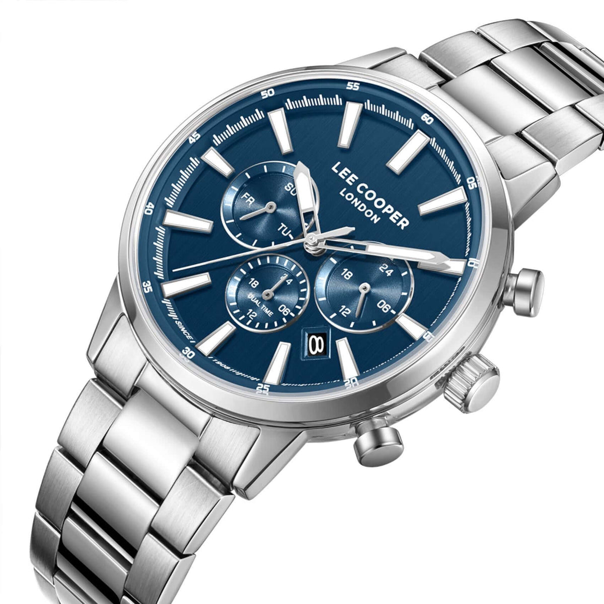Καντράν από ανδρικό ρολόι Lee Cooper Gents Multi LC08382.390 σε μπλε χρώμα με ένδειξη ημέρας, ημερομηνίας και διπλής ώρας και κάσα 42 mm.