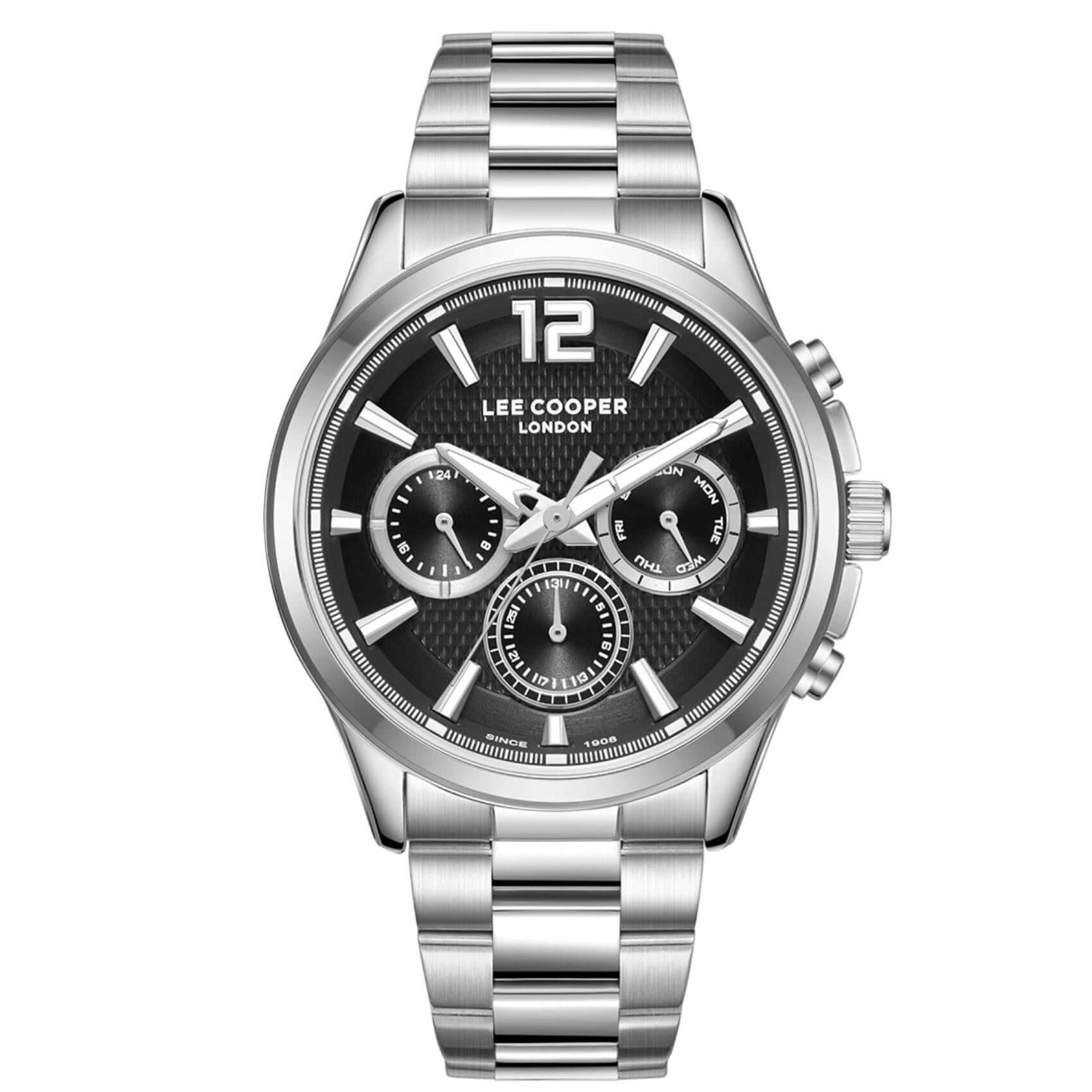 Ανδρικό ρολόι Lee Cooper Gents Multi LC08396.350 με ασημί ατσάλινο μπρασελέ, μαύρο καντράν και κάσα 43 mm.