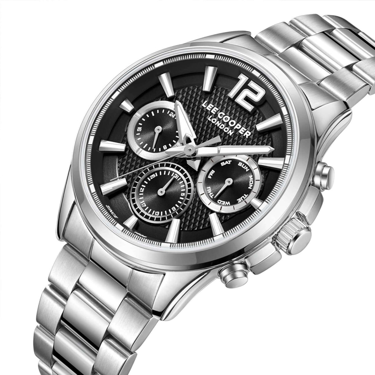 Καντράν από ανδρικό ρολόι Lee Cooper Gents Multi LC08396.350 σε μαύρο χρώμα με ένδειξη ημέρας, ημερομηνίας και διπλής ώρας και κάσα 43 mm.