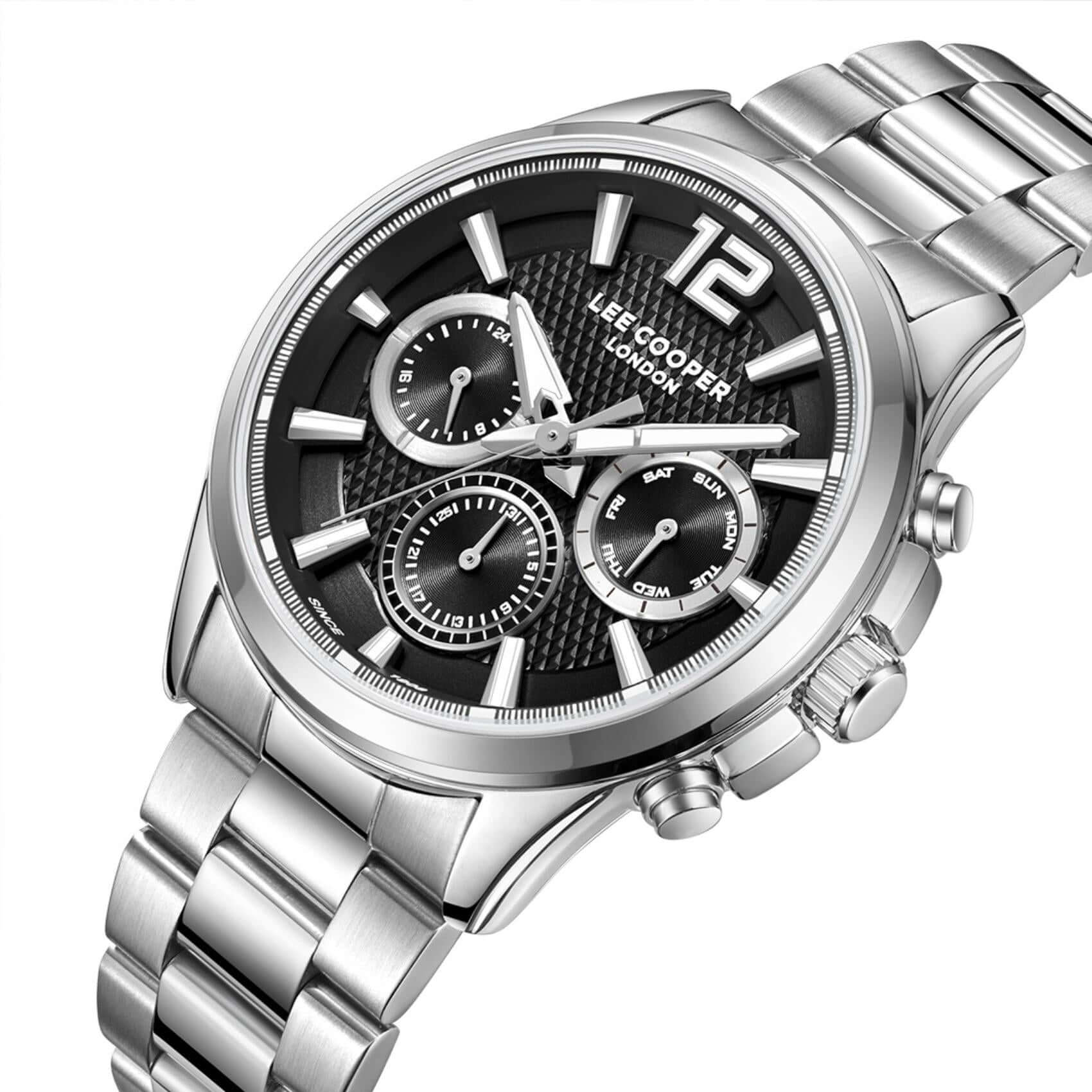 Καντράν από ανδρικό ρολόι Lee Cooper Gents Multi LC08396.350 σε μαύρο χρώμα με ένδειξη ημέρας, ημερομηνίας και διπλής ώρας και κάσα 43 mm.