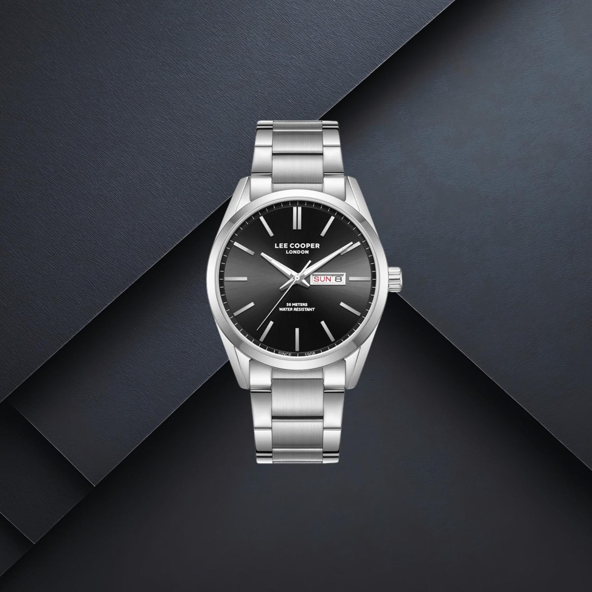 Ανδρικό ρολόι Lee Cooper LC08340.350 με ασημί μπρασελέ, μαύρο καντράν 42mm, ενδείξεις ημέρας και ημερομηνίας