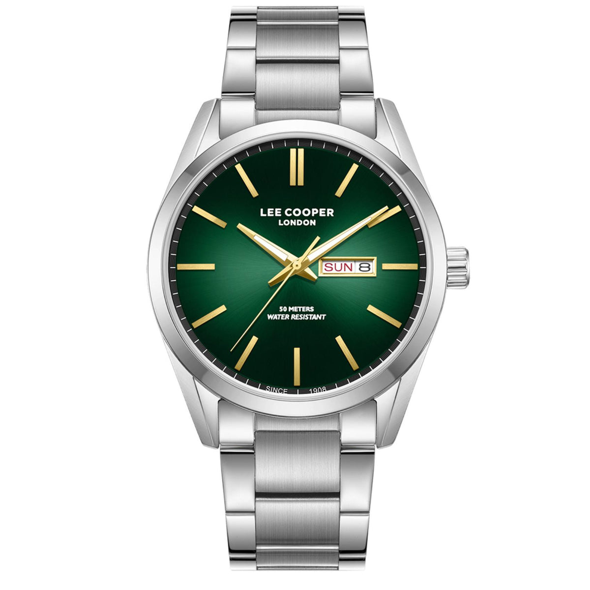 Ανδρικό ρολόι Lee Cooper LC08340.370 με ασημί μπρασελέ και πράσινο καντράν