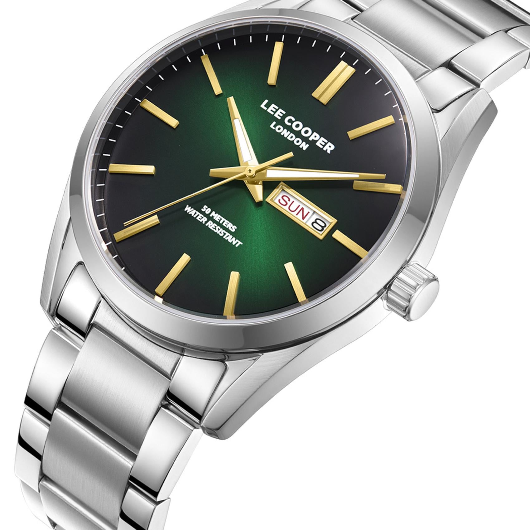 Πράσινο καντράν ρολογιού Lee Cooper LC08340.370 διαμέτρου 42mm με ενδείξεις ημέρας και ημερομηνίας
