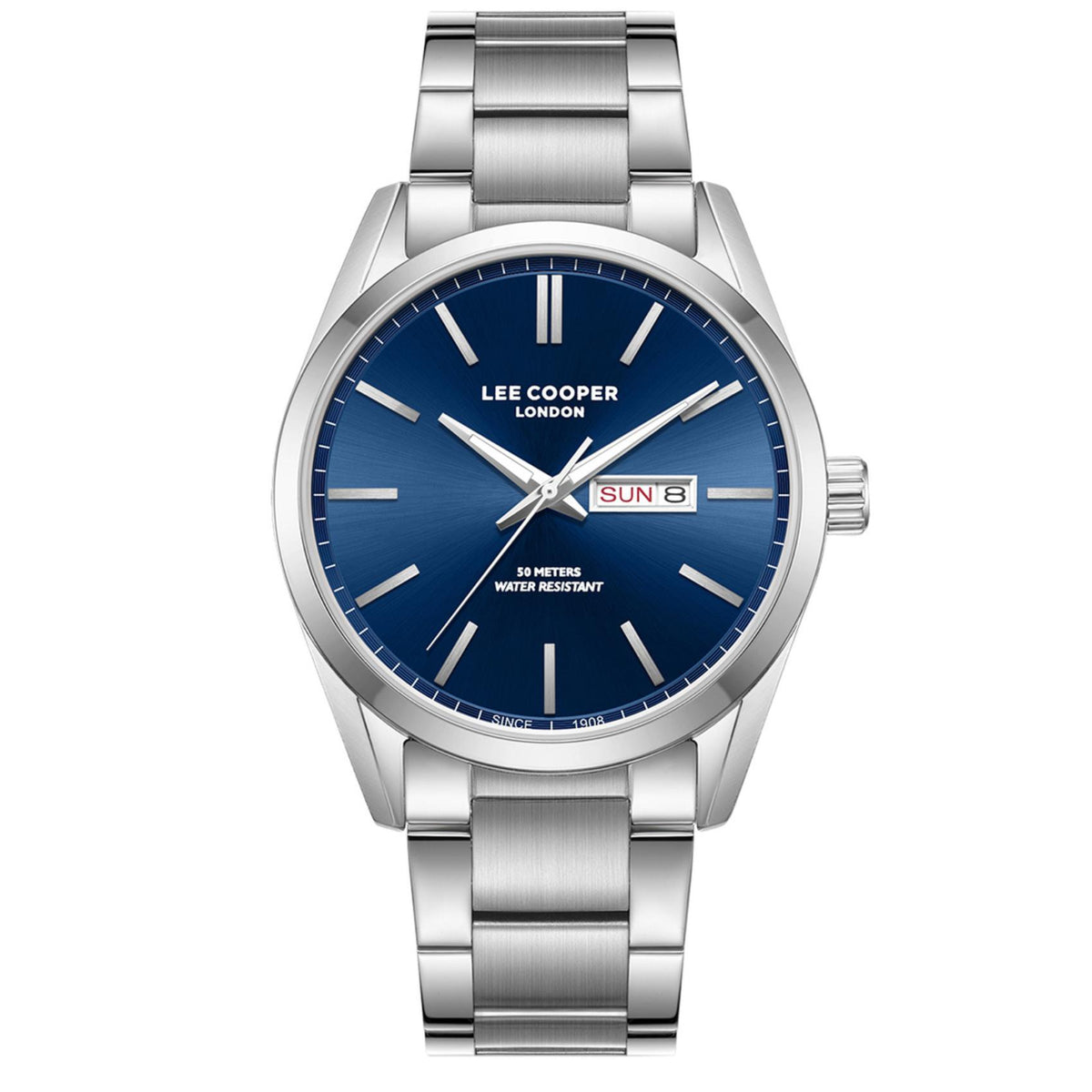 Ανδρικό ρολόι Lee Cooper LC08340.390 με ασημί μπρασελέ και μπλε καντράν