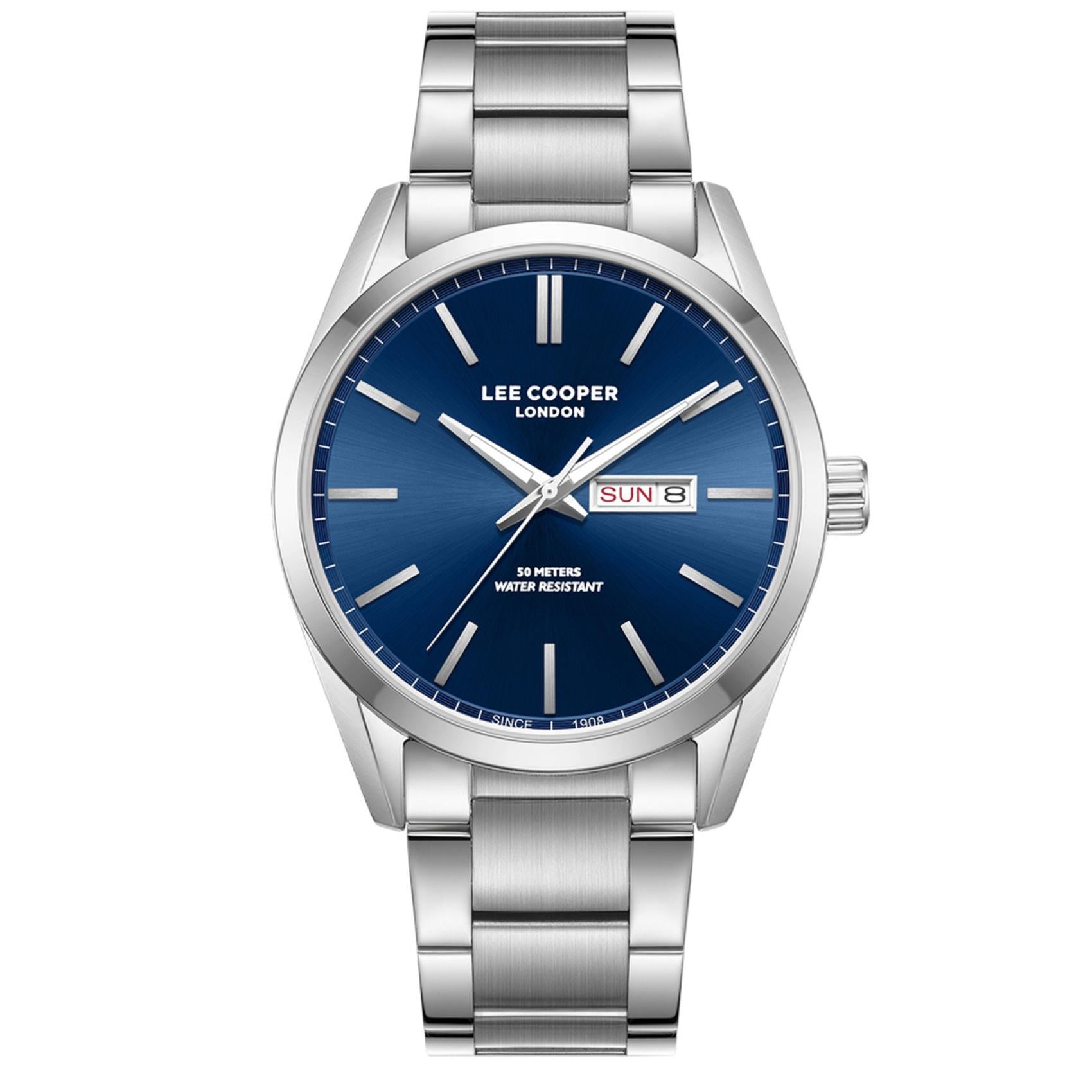 Ανδρικό ρολόι Lee Cooper LC08340.390 με ασημί μπρασελέ και μπλε καντράν