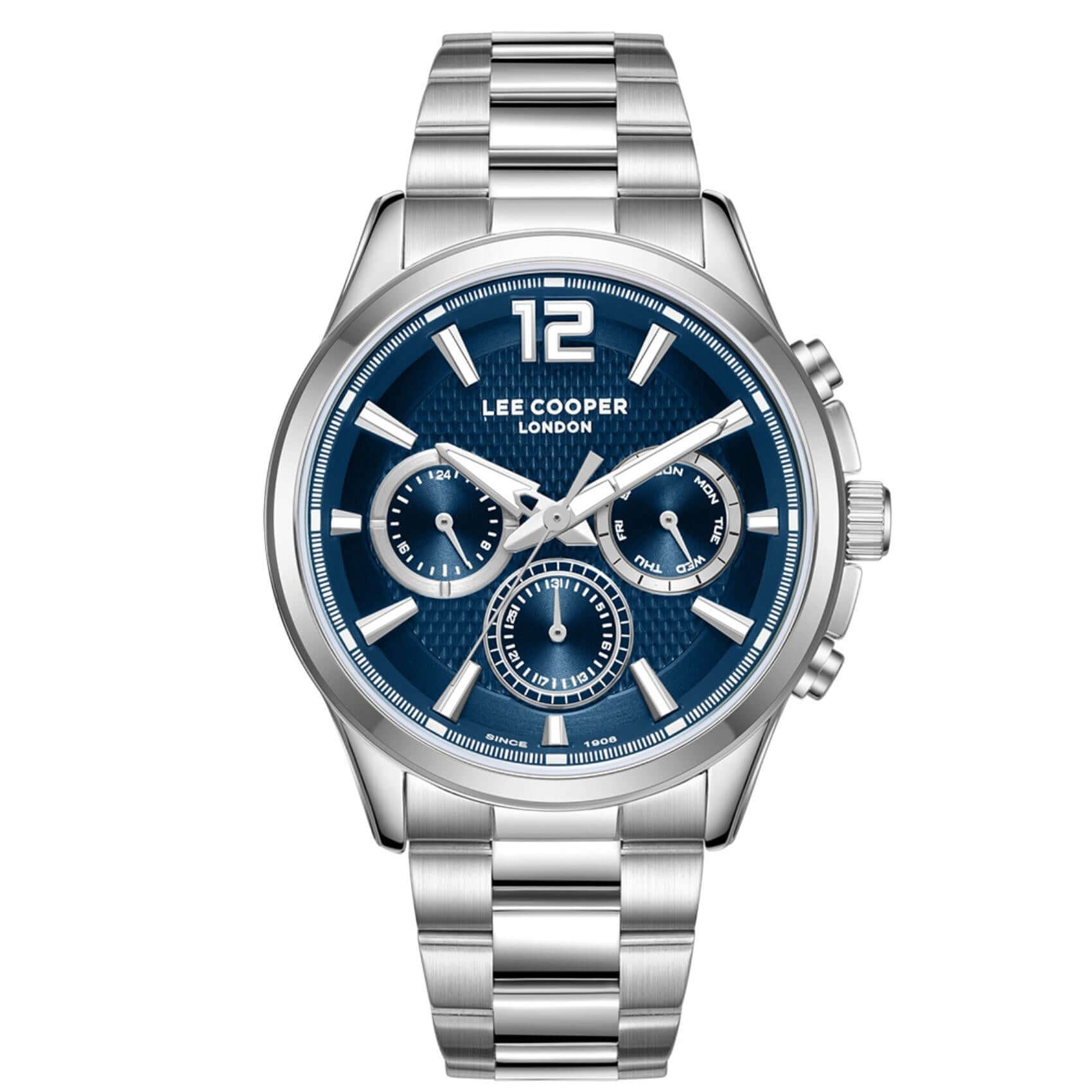 Ανδρικό ρολόι Lee Cooper Gents Multi LC08396.390 με ασημί ατσάλινο μπρασελέ και μπλε καντράν.