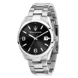 Ανδρικό ρολόι Maserati Attrazione R8853151007 με ασημί μπρασελέ, μαύρο καντράν και κάσα 43mm