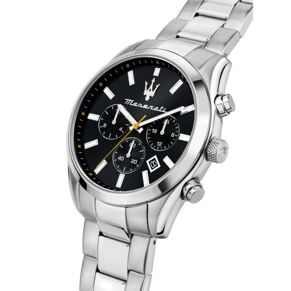 Φωτογραφία του μαύρου καντράν του Maserati Attrazione R8853151010 με ασημί δείκτες, υποκαντράν και λειτουργίες χρονογράφου Quartz Multifunction.