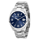 Ανδρικό ρολόι Maserati Attrazione R8853151013 με ασημί μπρασελέ, μπλε καντράν και κάσα 43mm