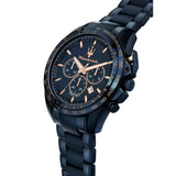 Φωτογραφία του μπλε καντράν του Maserati Blue Edition R8873612054 με ροζ επιχρυσωμένους δείκτες, υποκαντράν και λειτουργίες χρονογράφου, υπό ορυκτό κρύσταλλο ειδικής σκλήρυνσης.