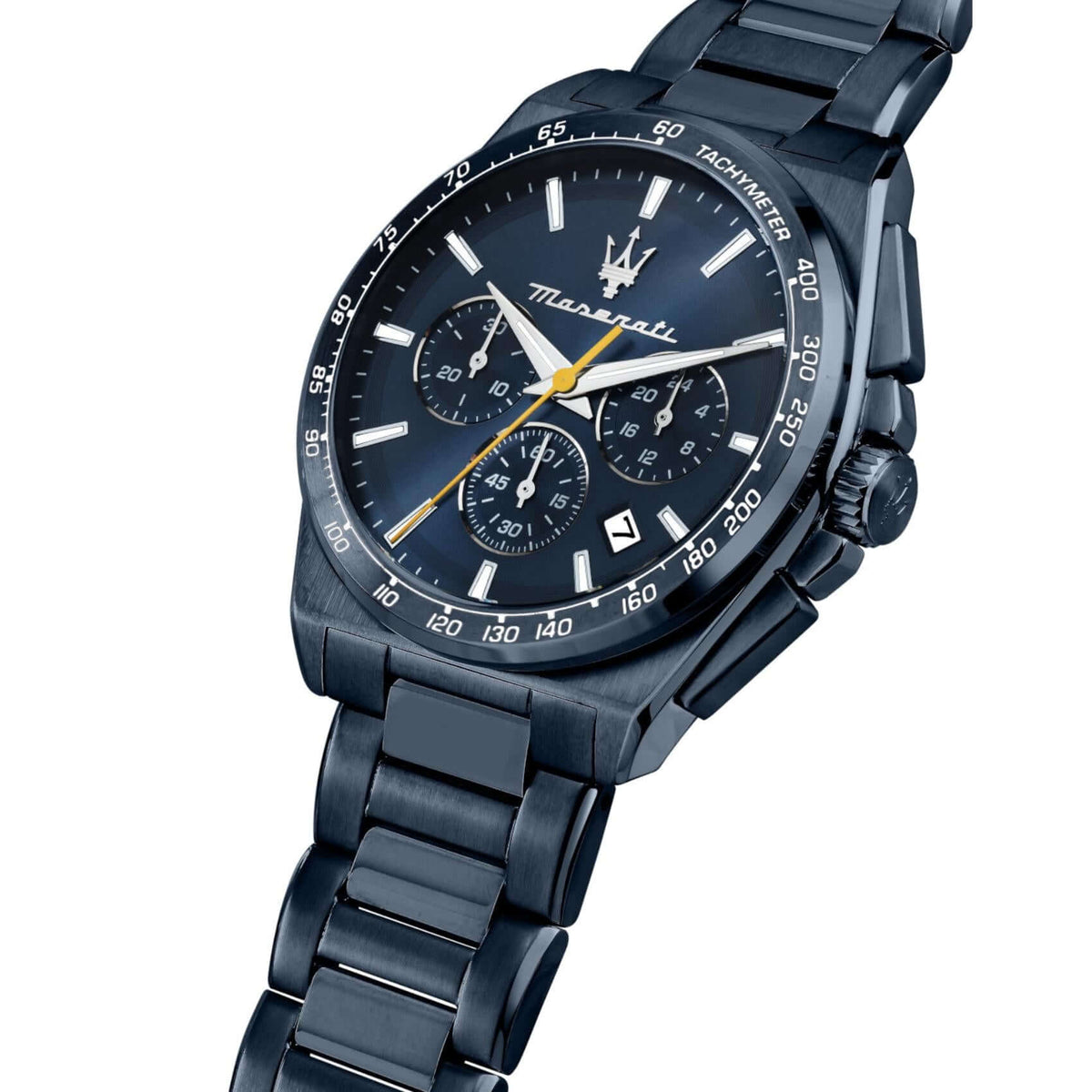 Μπλε καντράν Maserati Blue Edition R8873652008 με ασημί δείκτες, υποκαντράν χρονογράφου, ένδειξη ημερομηνίας και μηχανισμό quartz ακριβείας.
