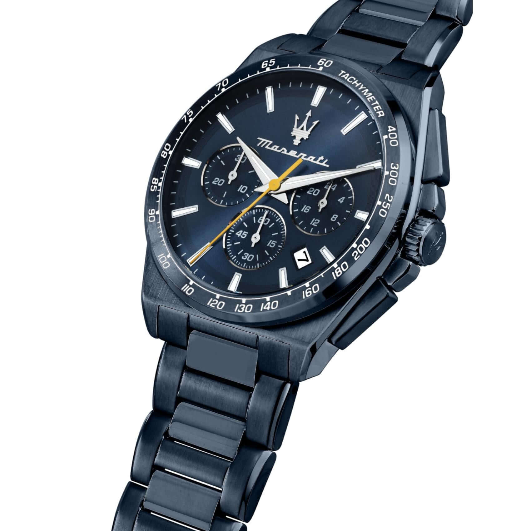Μπλε καντράν Maserati Blue Edition R8873652008 με ασημί δείκτες, υποκαντράν χρονογράφου, ένδειξη ημερομηνίας και μηχανισμό quartz ακριβείας.