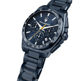 Μπλε καντράν Maserati Blue Edition R8873652008 με ασημί δείκτες, υποκαντράν χρονογράφου, ένδειξη ημερομηνίας και μηχανισμό quartz ακριβείας.