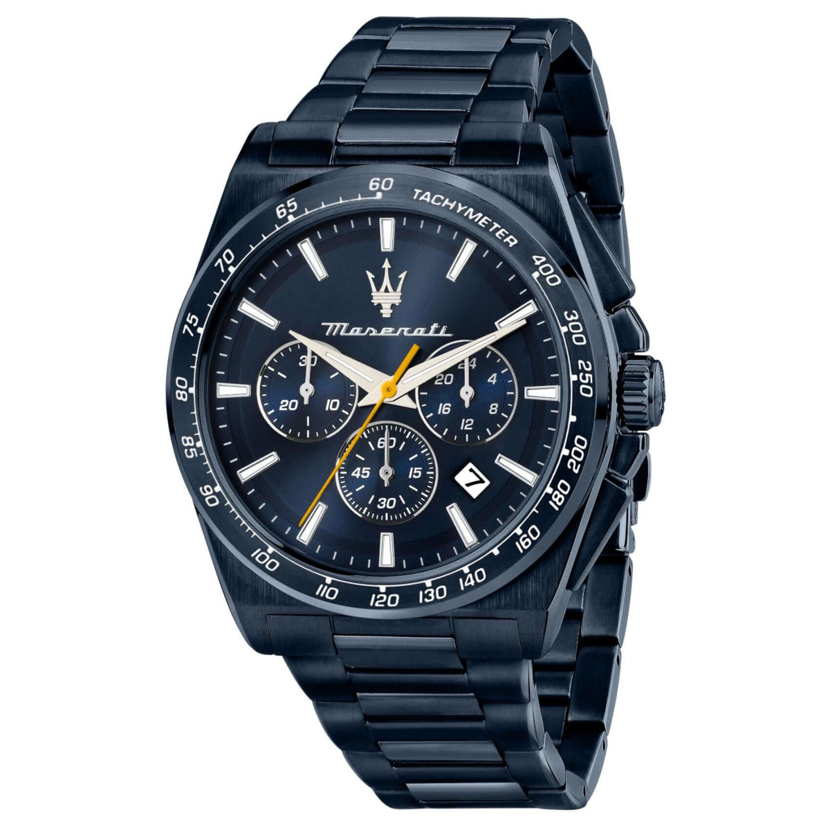 Ανδρικό ρολόι Maserati Blue Edition R8873652008 χρονογράφος με μπλε μπρασελέ από ανοξείδωτο ατσάλι, μπλε καντράν, κάσα 43mm, quartz, ορυκτό κρύσταλλο, ημερομηνία και στεγανότητα 10ATM/100M, κατάλληλο για κολύμβηση. 