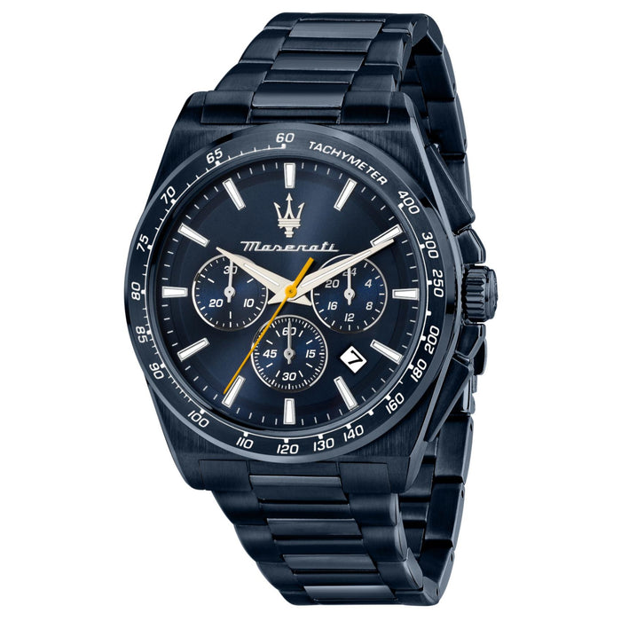 Ανδρικό ρολόι Maserati Blue Edition R8873652008 χρονογράφος με μπλε μπρασελέ από ανοξείδωτο ατσάλι, μπλε καντράν, κάσα 43mm, quartz, ορυκτό κρύσταλλο, ημερομηνία και στεγανότητα 10ATM/100M, κατάλληλο για κολύμβηση. 