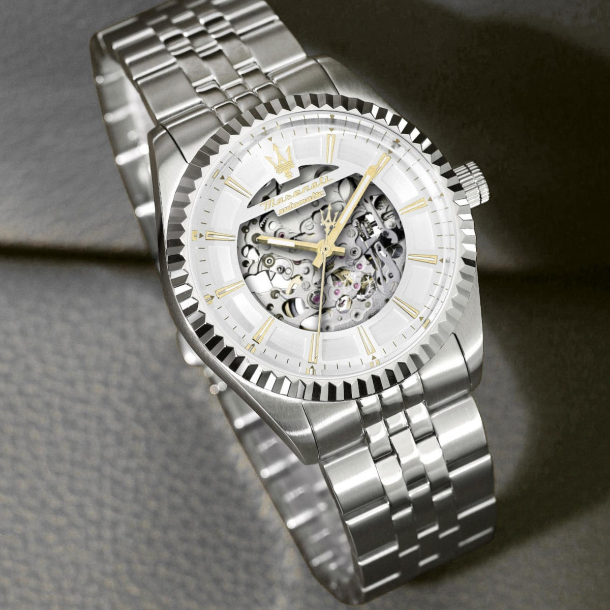 Ανδρικό ρολόι Maserati Competizione R8823100007 με ασημί μπρασελέ, skeleton ασημί καντράν 41mm, αυτόματο μηχανισμό
