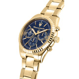 Φωτογραφία του μπλε καντράν του Maserati Competizione R8853100026 με χρυσούς δείκτες, ένδειξη διπλής ώρας, ημέρας και ημερομηνίας, τζαμάκι από ορυκτό κρύσταλλο ειδικής σκλήρυνσης.