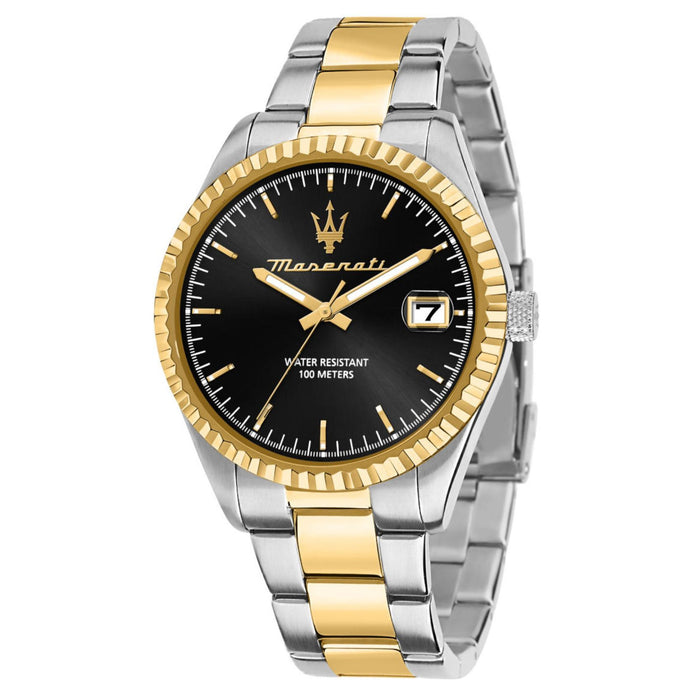 Ανδρικό ρολόι Maserati Competizione R8853100042 με δίχρωμο μπρασελέ ασημί–χρυσό, μαύρο καντράν και δίχρωμη κάσα 43mm