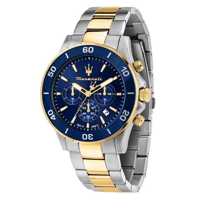 Ανδρικό ρολόι Maserati Competizione R8873600006 χρονογράφος με δίχρωμο μπρασελέ ασημί–χρυσό, μπλε καντράν και κάσα 43mm
