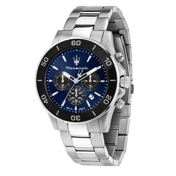 Ανδρικό ρολόι Maserati Competizione R8873600009 χρονογράφος με ασημί μπρασελέ, μπλε καντράν και κάσα 43mm 