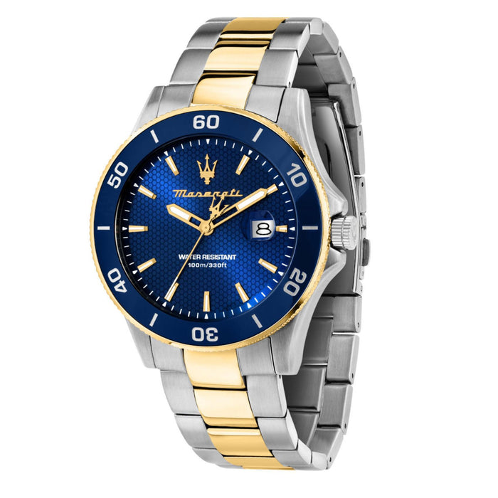 Ανδρικό ρολόι Maserati Competizione R8873600010 με δίχρωμο μπρασελέ ασημί–χρυσό, μπλε καντράν και κάσα 43mm