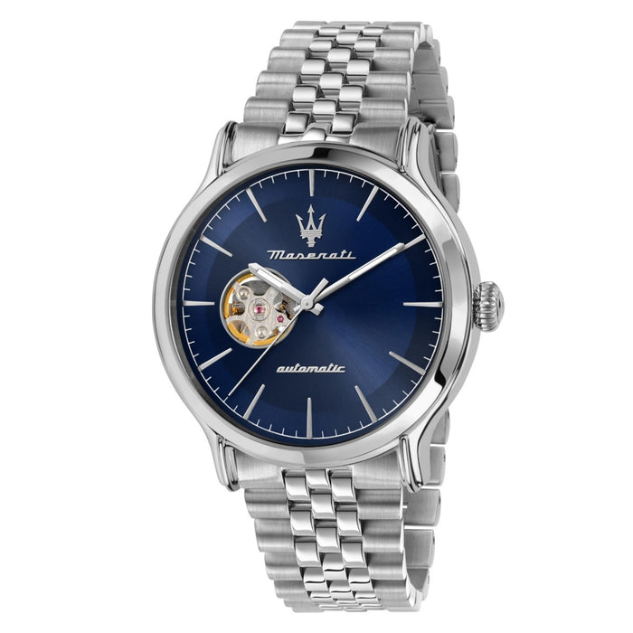 Ανδρικό ρολόι Maserati Epoca R8823118018 με ασημί μπρασελέ, μπλε καντράν, ασημί δείκτες και κάσα 42mm.