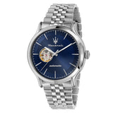 Ανδρικό ρολόι Maserati Epoca R8823118018 με ασημί μπρασελέ, μπλε καντράν, ασημί δείκτες και κάσα 42mm.