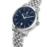 Φωτογραφία του μπλε καντράν του Maserati Epoca R8853118021 με ασημένιους δείκτες και ένδειξη ημερομηνίας, τζάμάκι από ορυκτό κρύσταλλο ειδικής σκλήρυνσης.