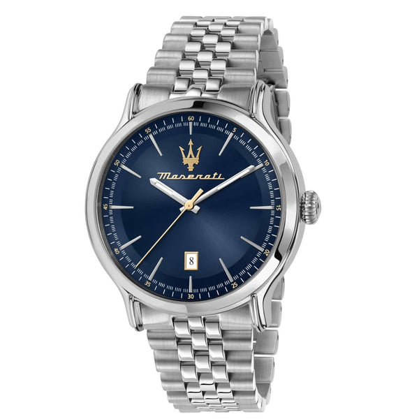 Ανδρικό ρολόι Maserati Epoca R8853118021 με ασημί μπρασελέ από ανοξείδωτο ατσάλι, μπλε καντράν, ασημένιους δείκτες και κάσα 42mm