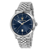 Ανδρικό ρολόι Maserati Epoca R8853118021 με ασημί μπρασελέ από ανοξείδωτο ατσάλι, μπλε καντράν, ασημένιους δείκτες και κάσα 42mm
