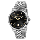 Ανδρικό ρολόι Maserati Epoca R8853118024 με ασημί μπρασελέ από ανοξείδωτο ατσάλι, μαύρο καντράν, χρυσούς δείκτες και κάσα 42mm.