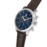 Φωτογραφία του μπλε καντράν του Maserati Epoca R8871618014 χρονογράφου με ροζ χρυσούς δείκτες και υποκαντράν, τζαμάκι από ορυκτό κρύσταλλο ειδικής σκλήρυνσης