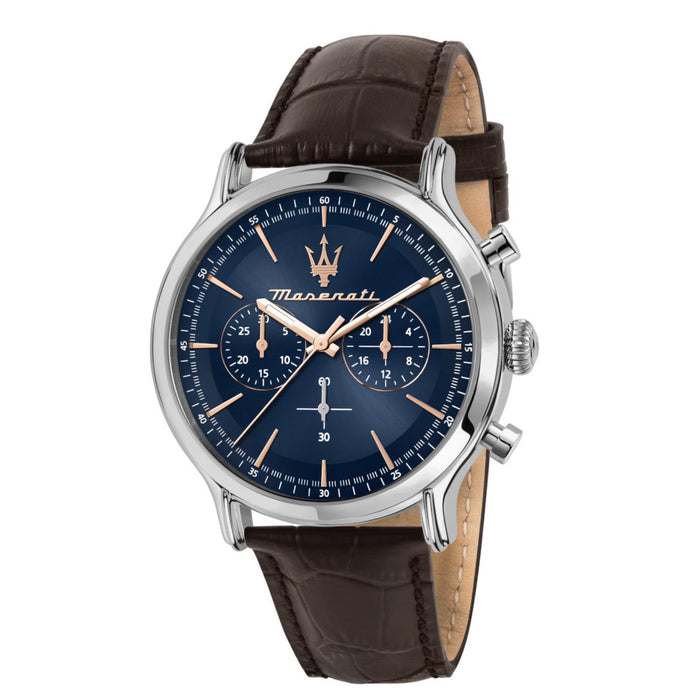 Ανδρικό ρολόι Maserati Epoca R8871618014 χρονογράφος με καφέ κροκό δερμάτινο λουράκι, μπλε καντράν με ροζ χρυσούς δείκτες και κάσα 42mm 