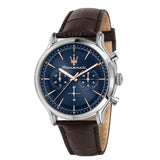 Ανδρικό ρολόι Maserati Epoca R8871618014 χρονογράφος με καφέ κροκό δερμάτινο λουράκι, μπλε καντράν με ροζ χρυσούς δείκτες και κάσα 42mm 