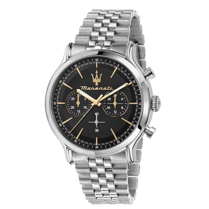 Ανδρικό ρολόι Maserati Epoca R8873618017 χρονογράφος με ασημί μπρασελέ από ανοξείδωτο ατσάλι, μαύρο καντράν, χρυσούς δείκτες και κάσα 42mm.