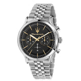 Ανδρικό ρολόι Maserati Epoca R8873618017 χρονογράφος με ασημί μπρασελέ από ανοξείδωτο ατσάλι, μαύρο καντράν, χρυσούς δείκτες και κάσα 42mm.