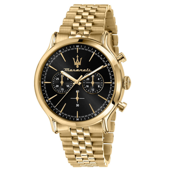 Ανδρικό ρολόι Maserati Epoca R8873618023 χρονογράφος με χρυσό μπρασελέ από ανοξείδωτο ατσάλι, μαύρο καντράν, χρυσούς δείκτες και κάσα 42mm