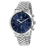 Ανδρικό ρολόι Maserati Epoca R8873618024 χρονογράφος με ασημί μπρασελέ από ανοξείδωτο ατσάλι, μπλε καντράν, ασημένιους δείκτες και κάσα 42mm