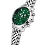 Φωτογραφία του πράσινου καντράν του Maserati Epoca R8873618033 χρονογράφου με ασημένιους δείκτες και υποκαντράν, τζάμάκι από ορυκτό κρύσταλλο ειδικής σκλήρυνσης.