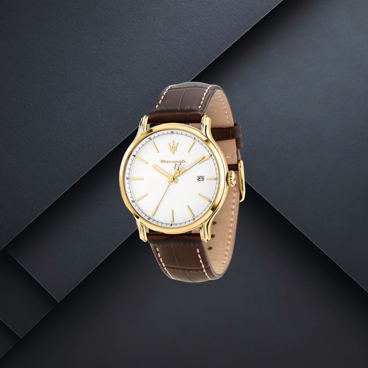 Ανδρικό ρολόι Maserati Epoca Slim R8851118018 με καφέ λουράκι, λευκό καντράν 41mm, ένδειξη ημερομηνίας