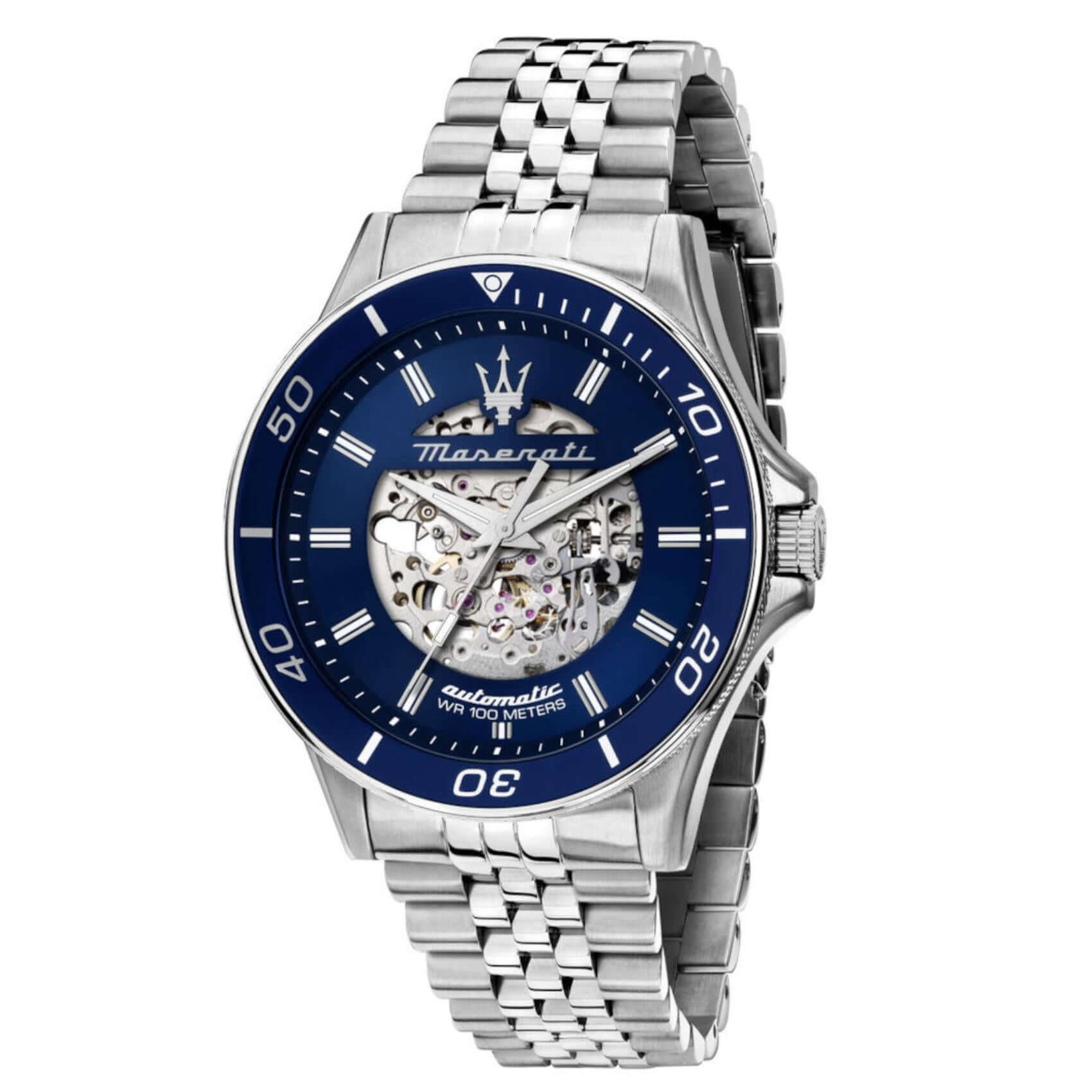 Ανδρικό ρολόι Maserati Sfida R8823140011 με ασημί μπρασελέ από ανοξείδωτο ατσάλι, εμφανή μηχανισμό, μπλε καντράν, ασημένιους δείκτες, κάσα 44mm και αυτόματο μηχανισμό