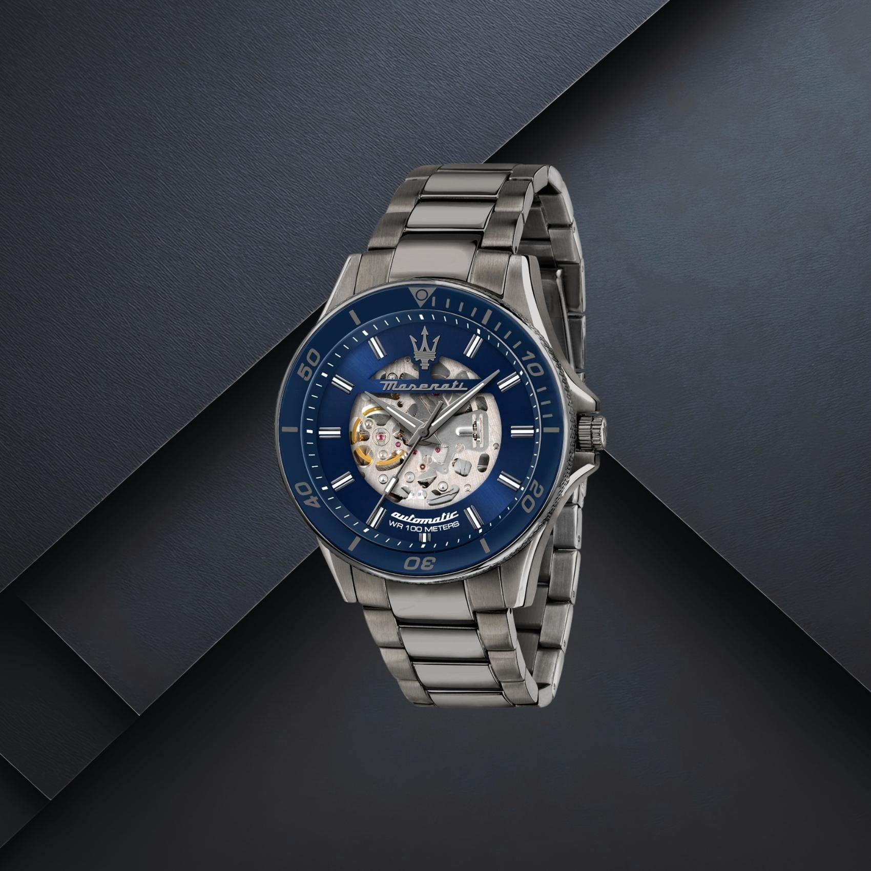 Ανδρικό ρολόι Maserati Sfida R8823140015 με γκρι μπρασελέ και μπλε skeleton καντράν 44mm
