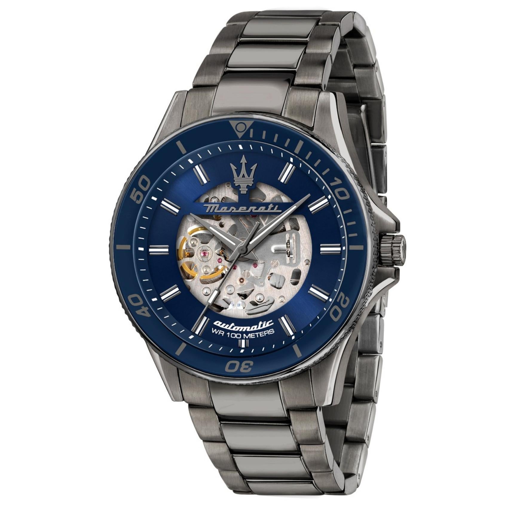 Ανδρικό ρολόι Maserati Sfida R8823140015 με γκρι μπρασελέ και μπλε skeleton καντράν