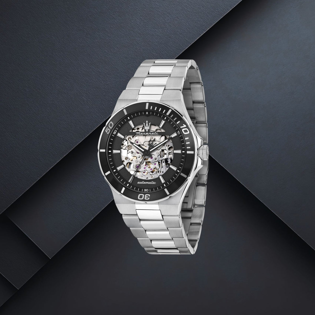 Ανδρικό ρολόι Maserati Sfida R8823140020 με ασημί μπρασελέ, skeleton μαύρο καντράν 41mm, αυτόματο μηχανισμό