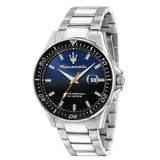 Ανδρικό ρολόι Maserati Sfida R8853140001 με ασημί μπρασελέ από ανοξείδωτο ατσάλι, δίχρωμο μαύρο-μπλε καντράν, ασημένιους δείκτες και κάσα 44mm