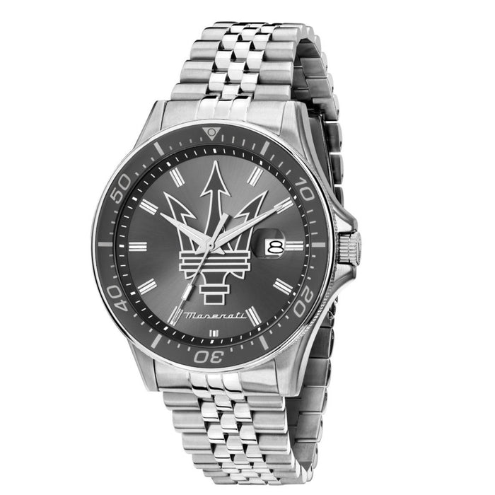 Ανδρικό ρολόι Maserati Sfida R8853140010 με ασημί μπρασελέ από ανοξείδωτο ατσάλι, γκρι καντράν, ασημένιους δείκτες και κάσα 44mm