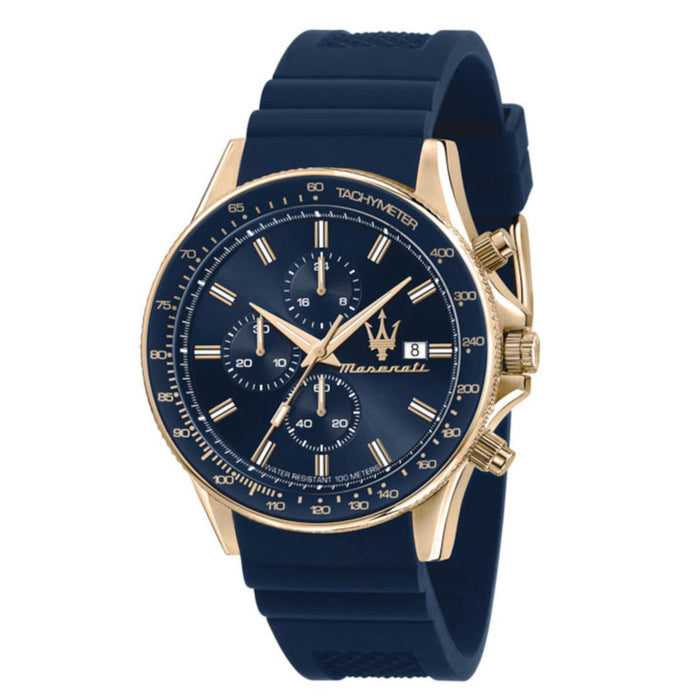 Ανδρικό ρολόι Maserati Sfida R8871640004 χρονογράφος με μπλε λουράκι από καουτσούκ, μπλε καντράν, επίχρυσους δείκτες και χρυσή κάσα 44mm