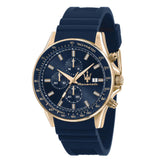 Ανδρικό ρολόι Maserati Sfida R8871640004 χρονογράφος με μπλε λουράκι από καουτσούκ, μπλε καντράν, επίχρυσους δείκτες και χρυσή κάσα 44mm